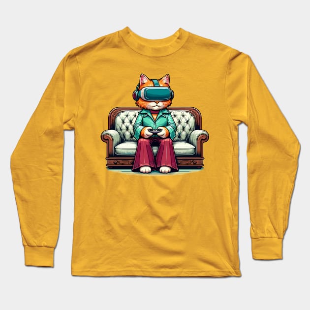 Vintage cat gamer - Nostalgic Geek Chic Apparel Long Sleeve T-Shirt by TimeWarpWildlife